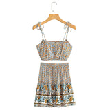 Boho Two Piece Set, Crop Top and Mini Skirt, Sierra Pansy in Red, Black and Green