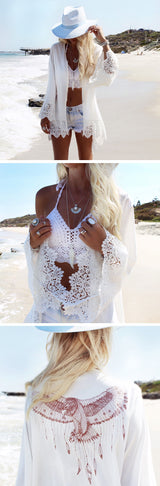Boho Robe, Kimono Robe, Beach Cover up, Short Robe, White Eagle