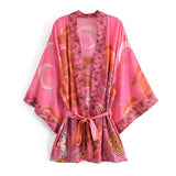 Boho Robe – “Oceane Moonlight” Lightweight Green & Pink Short Kimono Cover-Up for Lounge & Beach