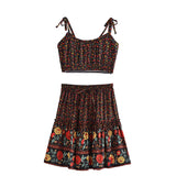 Boho Two Piece Set, Crop Top and Mini Skirt, Sierra Pansy in Red, Black and Green