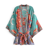 Boho Robe – “Oceane Moonlight” Lightweight Green & Pink Short Kimono Cover-Up for Lounge & Beach