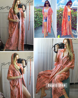 Boho Robe, Beach Cover up, Beach Robe, Black, Hoodie Robe Green Pink Tie Dye Print