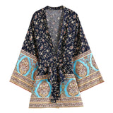 Boho Short Kimono Robe, Her Flaming in Navy