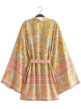 Boho Robe, Kimono Robe, Beach Cover up, Short Robe, Eulalie in Green and Pink