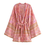 Boho Robe, Kimono Robe, Beach Cover up, Short Robe, Eulalie in Green and Pink