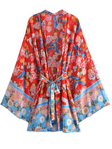 Boho Robe, Kimono Robe,  Beach Cover up, Short Robe, Blue Bird in Red
