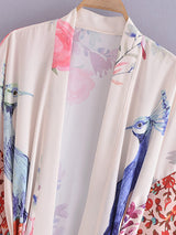 Boho Robe, Kimono Robe, Beach Cover up, Peacock in White and Pink