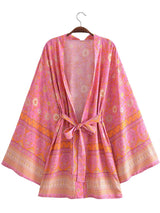 Boho Robe, Kimono Robe,  Beach Cover up, Short Robe, Amaryllis in Pink and Orange