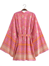Boho Robe, Kimono Robe,  Beach Cover up, Short Robe, Amaryllis in Pink and Orange