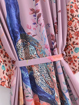 Boho Robe, Kimono Robe, Beach Cover up, Peacock in White and Pink