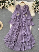 Maxi Dress, Boho Vintage Pleated Dress, Josephine Gown in Purple, Pink Brown and Yellow