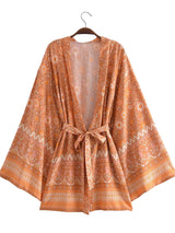 Boho Robe, Kimono Robe,  Beach Cover up, Short Robe, Amaryllis in Pink and Orange