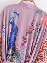 Boho Robe, Kimono Robe, Beach Cover up, Peacock in White and Pink