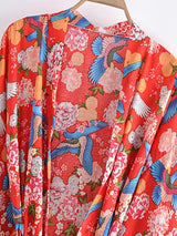 Boho Robe, Kimono Robe,  Beach Cover up, Short Robe, Blue Bird in Red