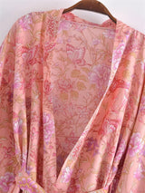 Boho Robe, Kimono Robe, Beach Cover up, Short Robe, Eulalie in Green and Pink