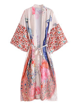 Boho Robe, Kimono Robe, Beach Cover up, Peacock in White and Pink