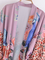 Boho Robe, Kimono Robe, Beach Cover up, Peacock in White and Pink