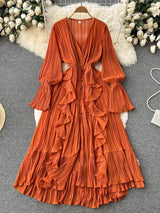 Maxi Dress, Boho Vintage Pleated Dress, Josephine Gown in Blue, Yellow, Orange and Pink