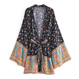 Boho Short Kimono Robe, Her Flaming in Navy