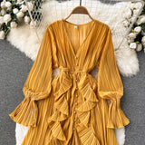Maxi Dress, Boho Vintage Pleated Dress, Josephine Gown in Purple, Yellow, Pink and Brown