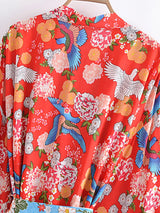 Boho Robe, Kimono Robe,  Beach Cover up, Short Robe, Blue Bird in Red