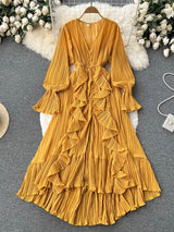 Maxi Dress, Boho Vintage Pleated Dress, Josephine Gown in Blue, Yellow, Orange and Pink