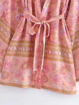 Boho Robe, Kimono Robe, Beach Cover up, Short Robe, Eulalie in Green and Pink