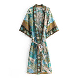 Boho Kimono Robe – “Flamingo in Green” Beach Cover-Up for Women