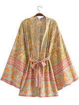 Boho Robe, Kimono Robe, Beach Cover up, Short Robe, Eulalie in Green and Pink