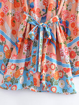 Boho Robe, Kimono Robe,  Beach Cover up, Short Robe, Blue Bird in Red