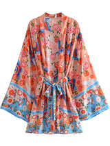 Boho Robe, Kimono Robe,  Beach Cover up, Short Robe, Blue Bird in Red