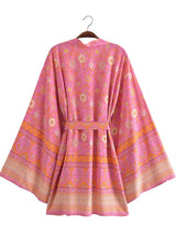 Boho Robe, Kimono Robe,  Beach Cover up, Short Robe, Amaryllis in Pink and Orange