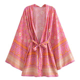 Boho Robe, Kimono Robe,  Beach Cover up, Short Robe, Amaryllis in Pink and Orange