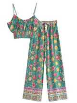 Boho Two Piece Set, Crop Top and Palazzo Pant, Green Petunia