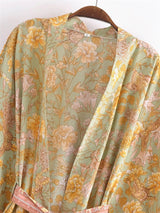 Boho Robe, Kimono Robe, Beach Cover up, Short Robe, Eulalie in Green and Pink