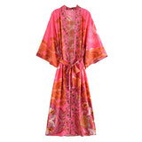 Boho Robe – “Oceane Moonlight” Bohemian Kimono Cover-Up in Pink Floral for Women