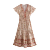 Boho Midi Dress, Sundress, Quincy in Green and Pink