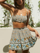 Boho Two Piece Set, Crop Top and Mini Skirt, Sierra Pansy in Red, Black and Green