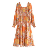 Boho Midi Dress, Sundress, Maryam in Orange, Green and Pink