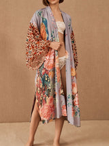 Boho Robe, Kimono Robe, Beach Cover up, Peacock in White and Pink