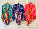 Boho Robe – “Oceane Moonlight” Lightweight Green & Pink Short Kimono Cover-Up for Lounge & Beach