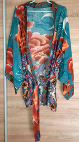 Boho Robe – “Oceane Moonlight” Lightweight Green & Pink Short Kimono Cover-Up for Lounge & Beach