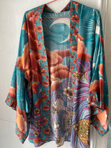 Boho Robe – “Oceane Moonlight” Lightweight Green & Pink Short Kimono Cover-Up for Lounge & Beach