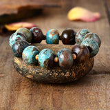 Boho Bracelet, Stretchy Bracelet, Brown Blue Tibetan Ball - Wild Rose Boho