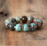 Boho Bracelet, Stretchy Bracelet, Brown Blue Tibetan Ball - Wild Rose Boho