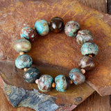 Boho Bracelet, Stretchy Bracelet, Brown Blue Tibetan Ball - Wild Rose Boho