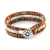 Boho Bracelet, RH Leather Wrap Bracelet, Blue Amazonite Lotus - Wild Rose Boho