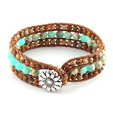 Boho Bracelet, RH Leather Wrap Bracelet, Blue Amazonite Lotus - Wild Rose Boho