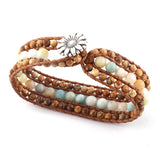 Boho Bracelet, RH Leather Wrap Bracelet, Blue Amazonite Lotus - Wild Rose Boho