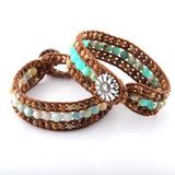 Boho Bracelet, RH Leather Wrap Bracelet, Blue Amazonite Lotus - Wild Rose Boho